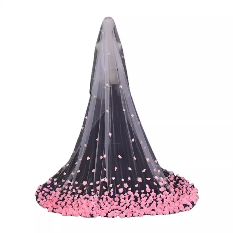 European and American bridal wedding long trailing pink petal headdress
