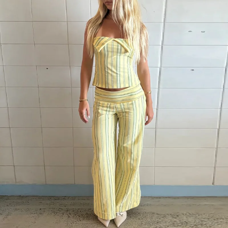 

Spring Summer Suit Casual Striped Print High Street 2 Piece Sets Women Sexy Halter Hollow Sleeveless Top & Wide Leg Pants Outfit