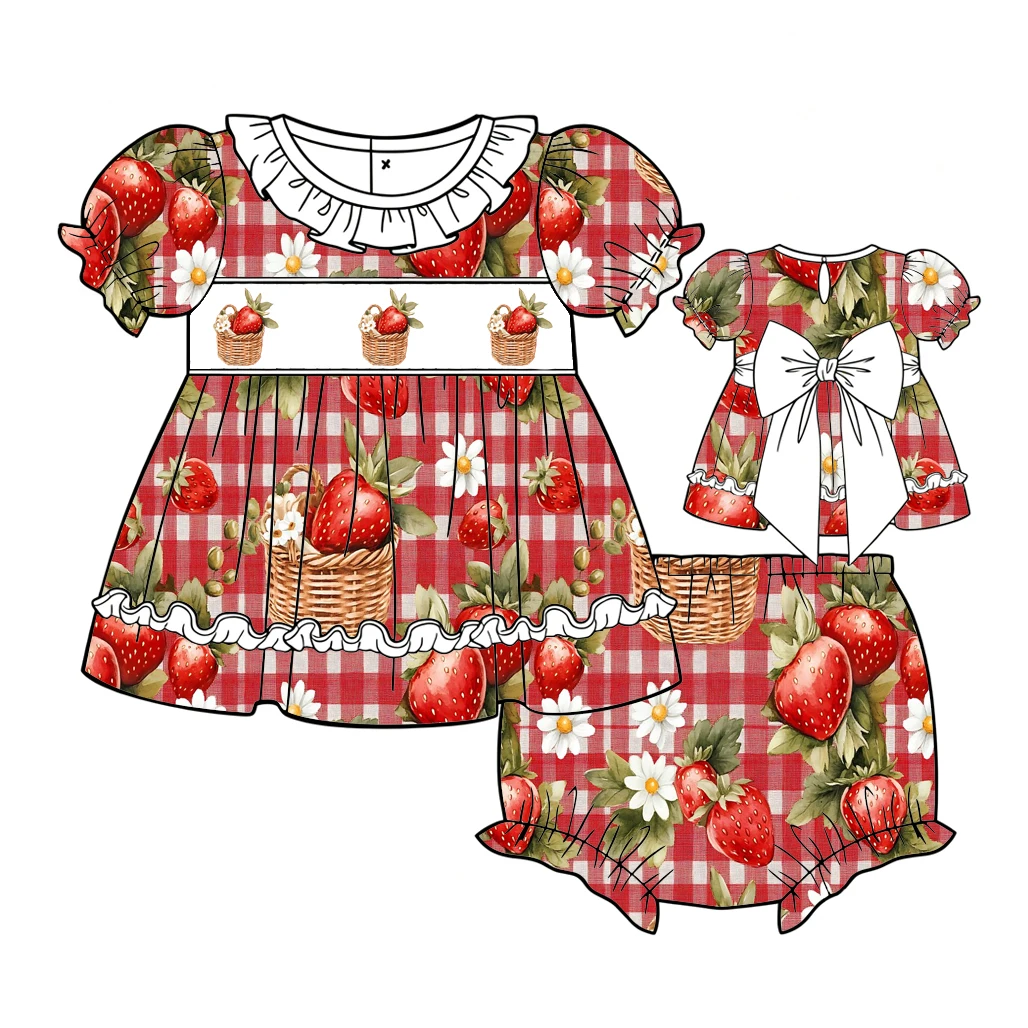 Strawberry Print Ruffled Neckline Puff Sleeves Back Bow Top and Shorts Girls Summer Boutique Set