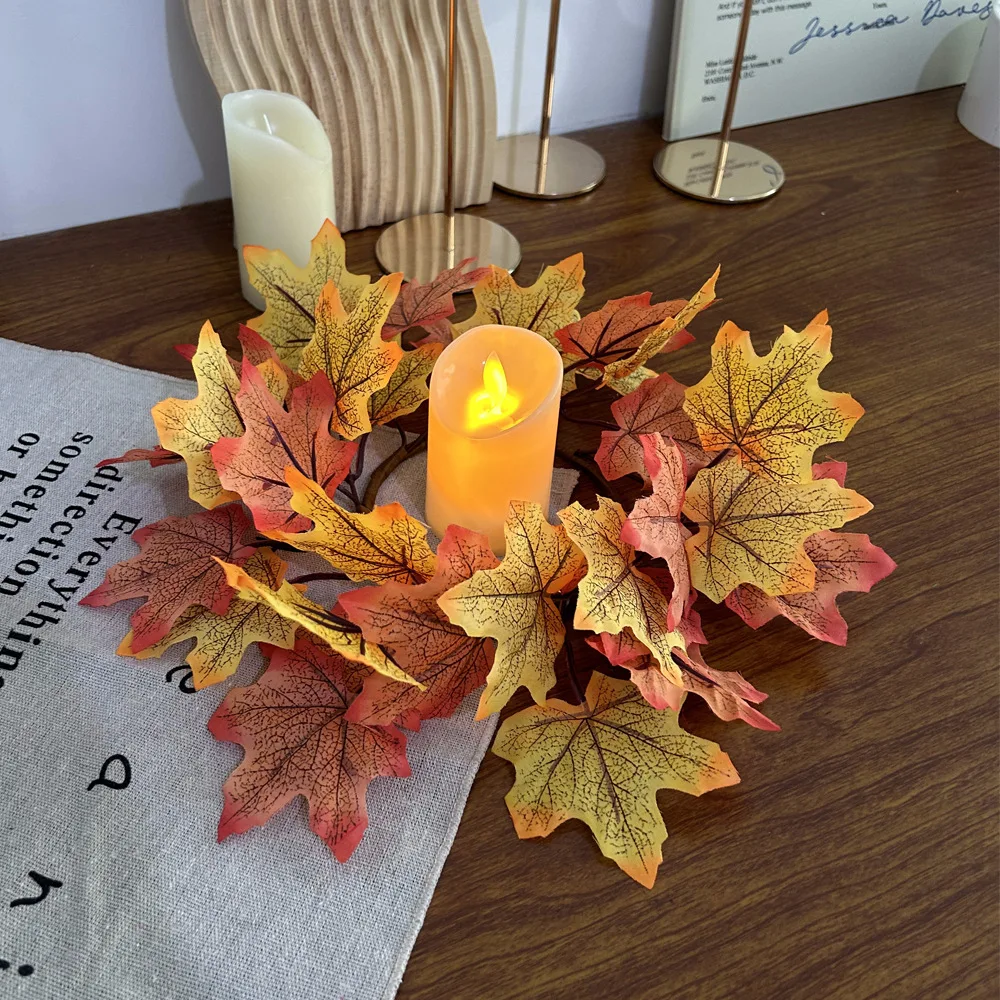 Autumn Maple Leaf Candle Wreath Rose Candlestick Decoration, Autumn Thanksgiving Halloween Harvest Festival Home Decoration