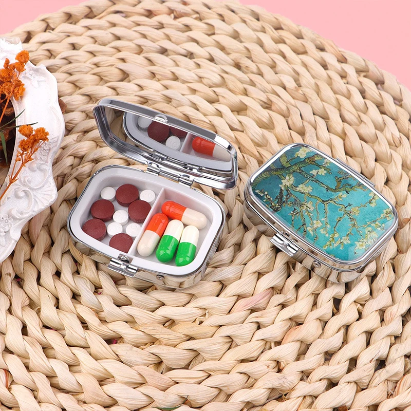 Retro-Printed Pill Box Compartmentalized Metal Square Pill Case Travel-Friendly Compact Pill Container Medicine Storage Box