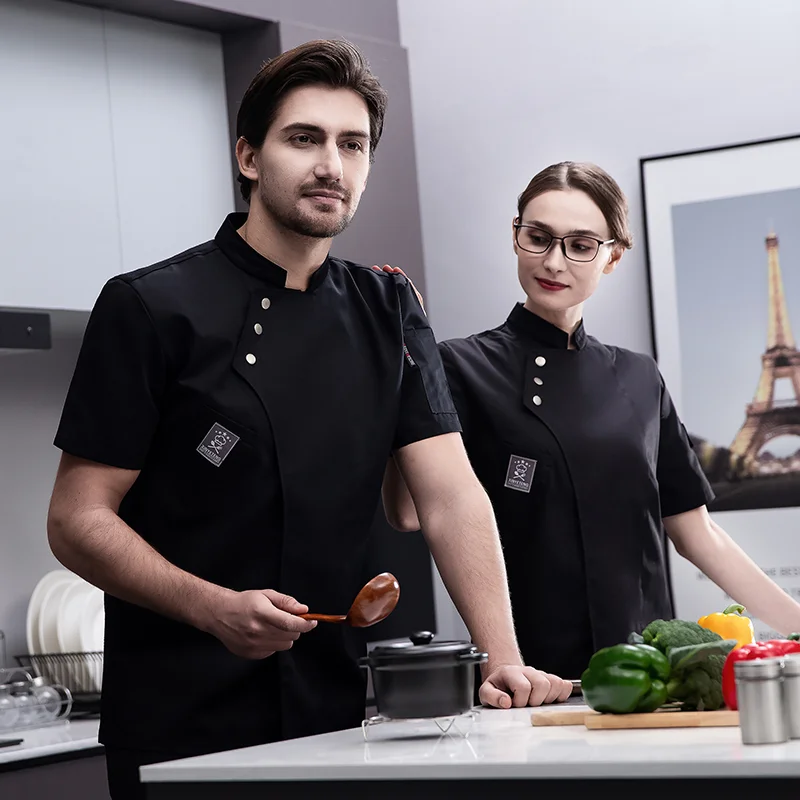 men Chef Uniform Breathable short sleeves black and white Chef Shirt Restaurant Kitchen Chef Jacket apron works clothes women