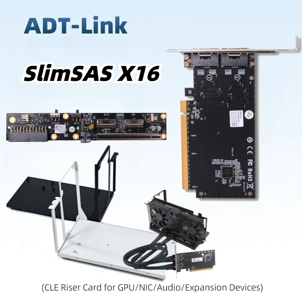 Dual SlimSAS-8i Graphics Card Expansion Dock 2 Port Slimsas X16 Baseplate Bracket Oculink PCIE4.0 X16 To Slimsas 8654 PC Adapter