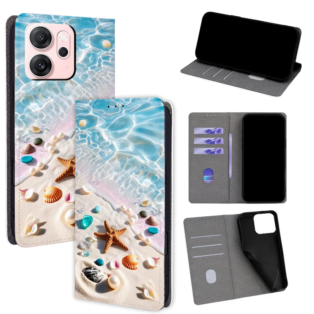 

Colorful Beach Flip Phone Cover for Realme C63 V20 V15 V13 GT8 GT7 GT6 GT5 GT3/Neo6 5 3T 2T with Built-in Wallet Card Slots