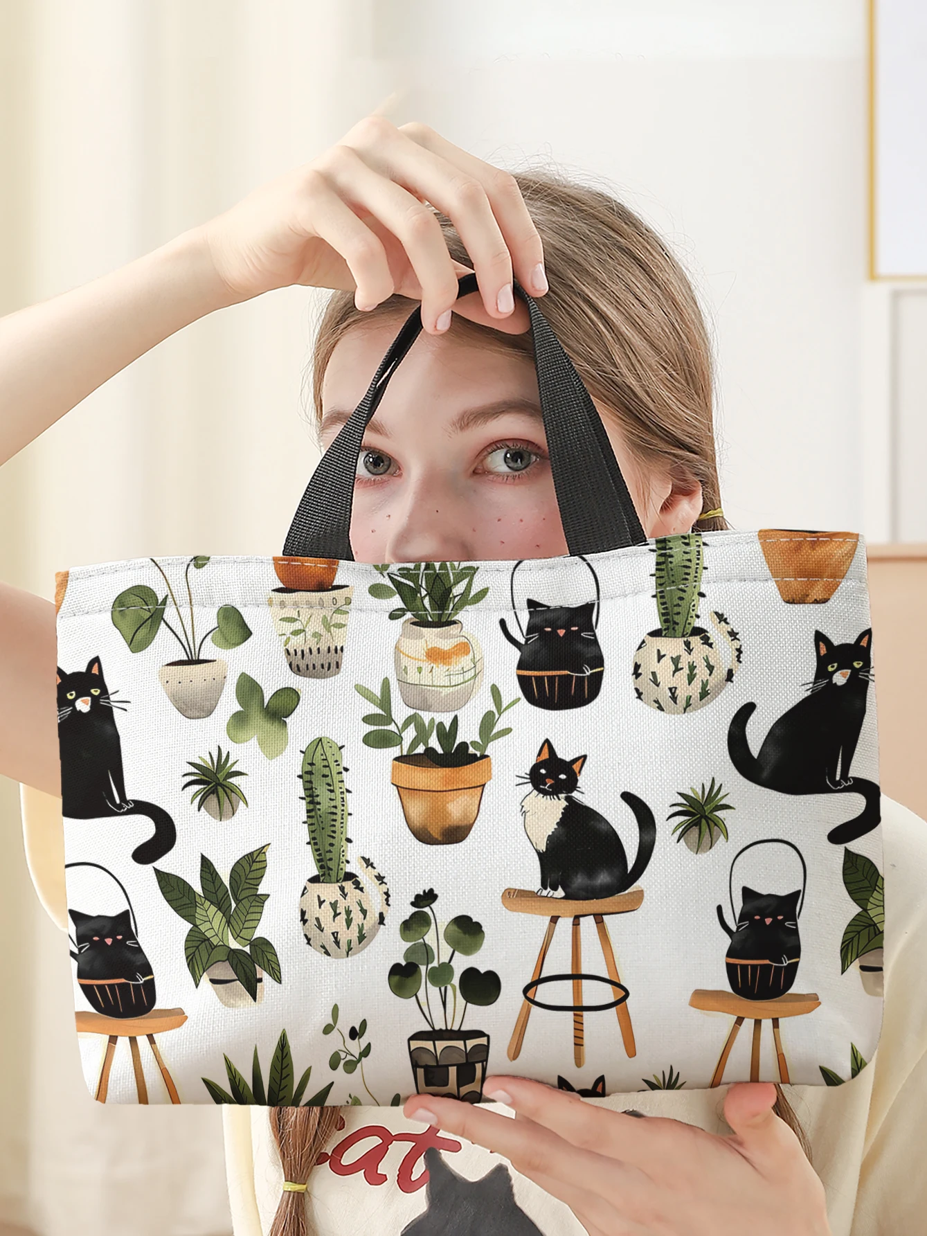 Black Cat Green Plant Print Insulated Lunch Tote Aluminum Foil Liner Reusable Cooler Bag For Student Travel Picnic Daily Use