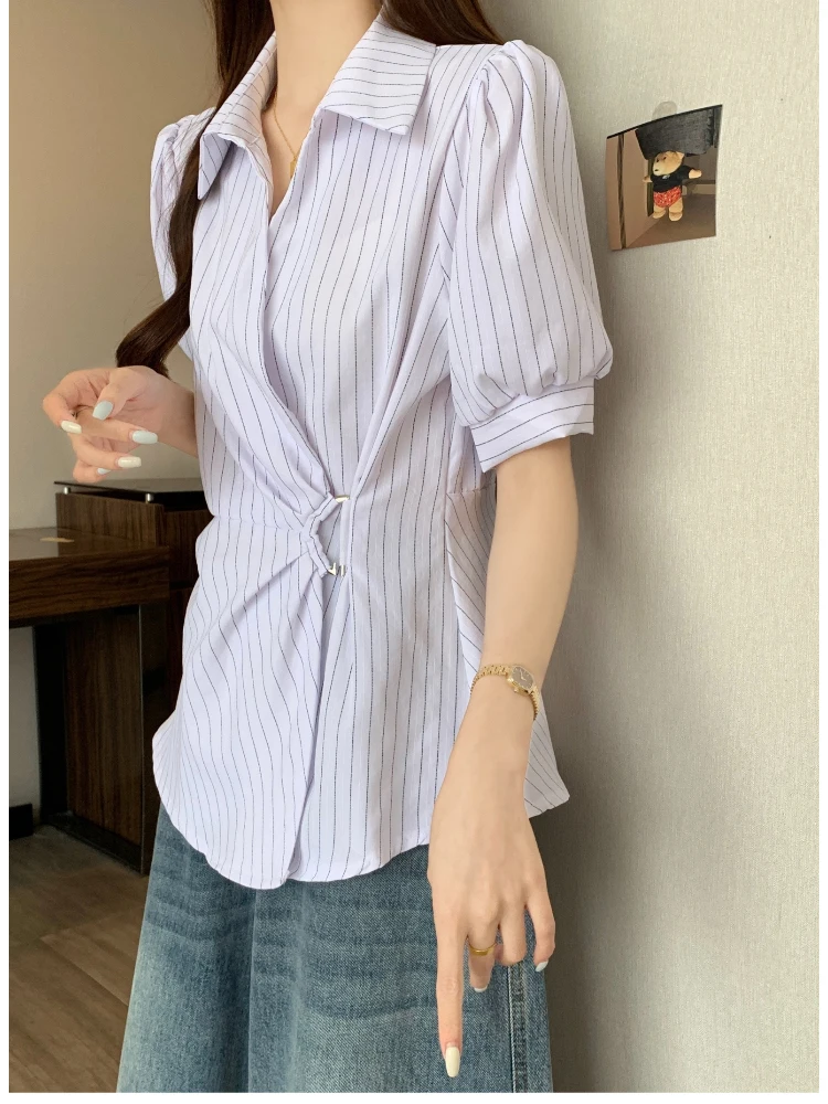 قمصان نسائية فرنسية مخططة بلوزات بيضاء غير منتظمة عتيقة للسيدات بأكمام طويلة وأزرار أنيقة تصميم نحيف جديد #6