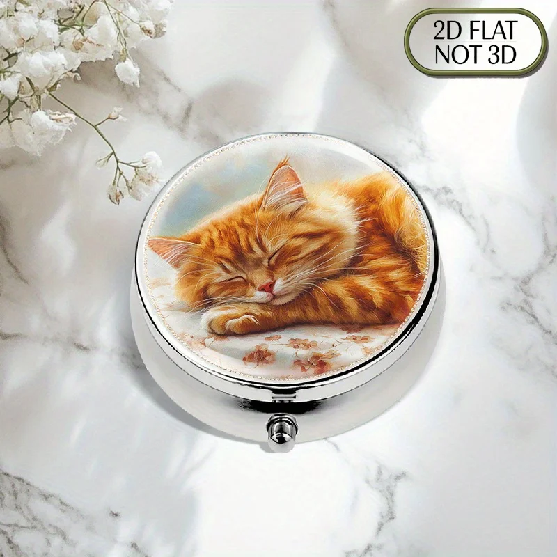 1pc flat portable round metal pill box, featuring a vivid imitation oil painting of an orange cat, designed for storing medication and essentials on the desktop, suitable for organizing vitamins and small items, a great Thanksgiving gift for loved ones