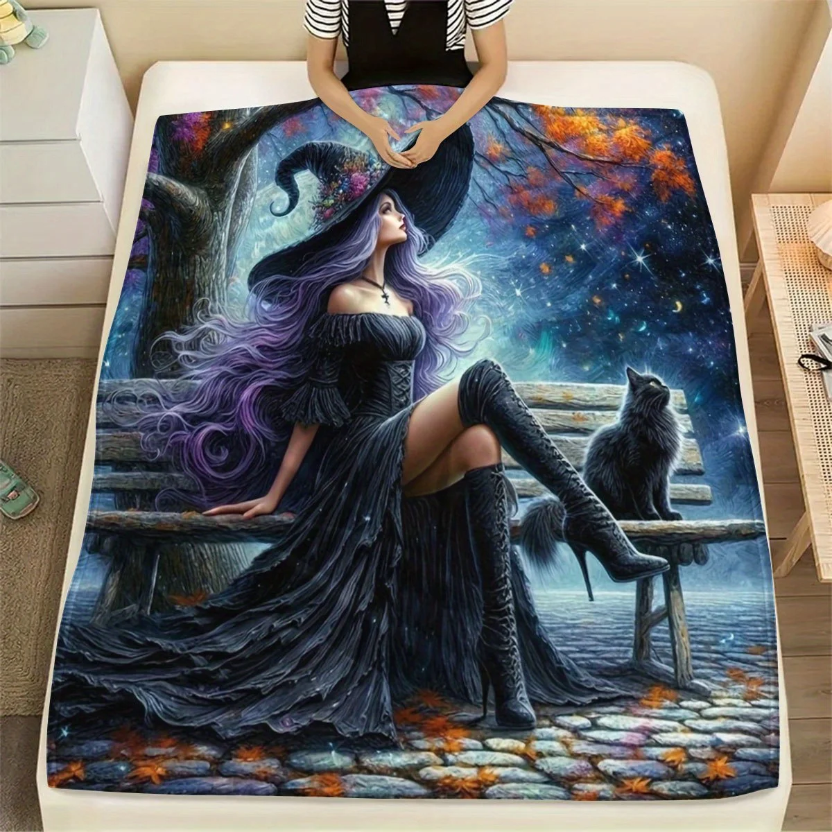 Enchanting Witch-Themed Flannel Blanket - Soft, Warm, and Cozy for Home or Office - Perfect Gift for Friends with Magical Forest