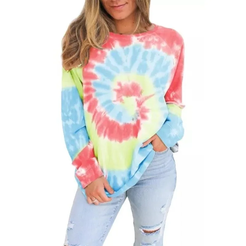 Women Long-sleeved Tie Dye Print Crops Tops INS New Fashion Casual Loose Cotton T-shirts Ladies Tees O-neck Pullover Sweatshirt