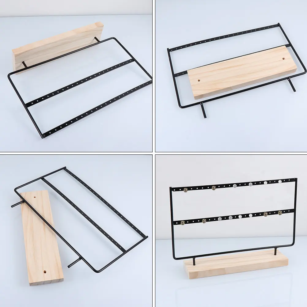 2Pcs Earring Organizer Iron Wood Stand Jewelry Display Rack Stable Holder for Earrings Ear Studs Home Shop Use Black