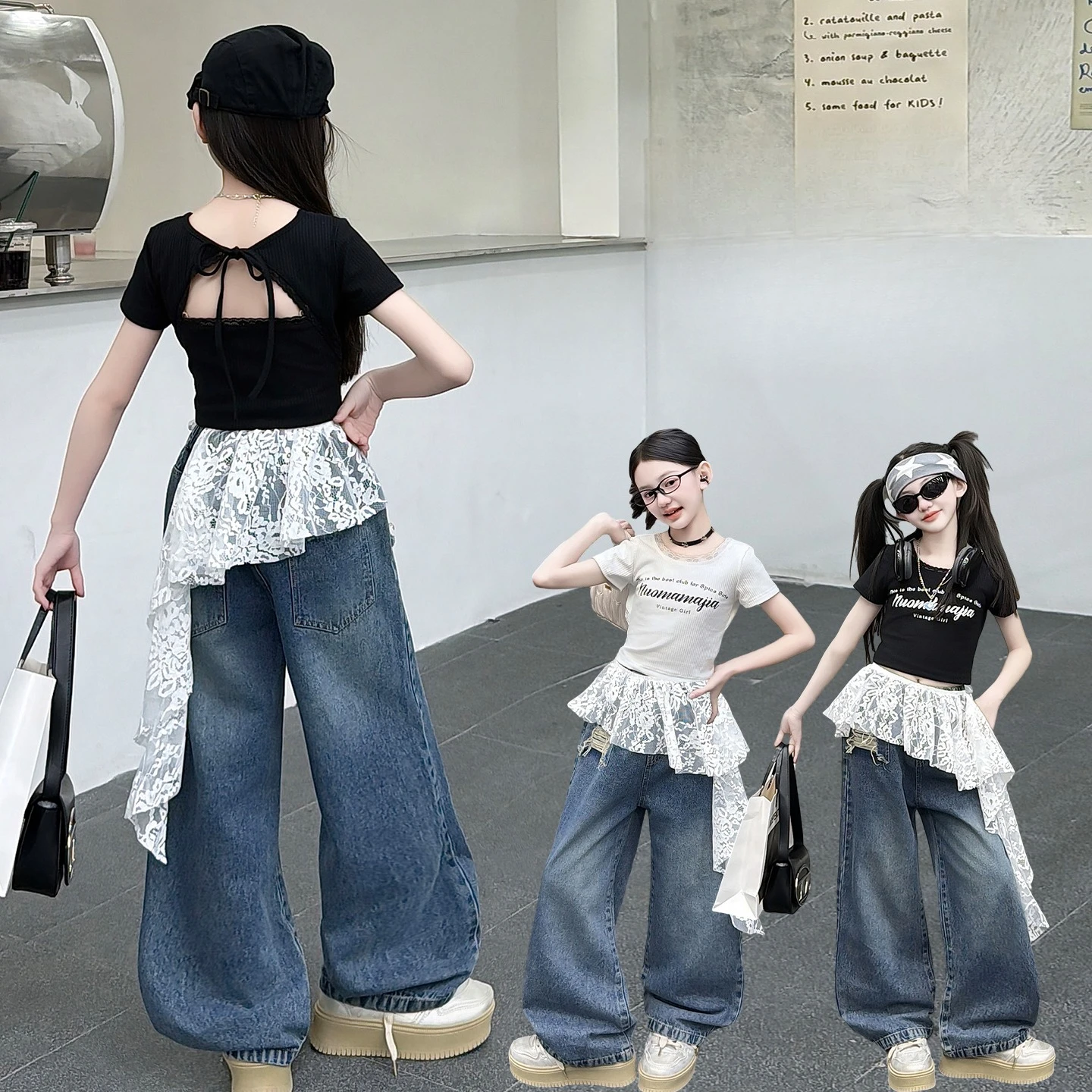 

Летняя одежда для девочек-подростков: хип-хоп, джаз, уличные танцы, хлопковая футболка, широкие джинсы, кружевной пояс, комплекты для детей и подростков.