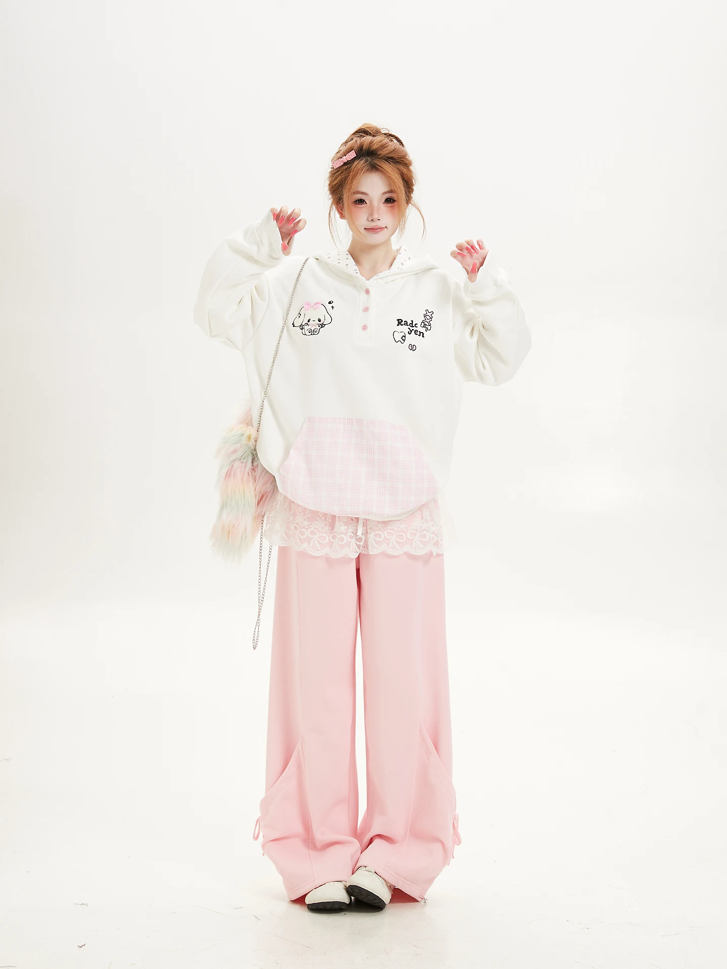 Cute Cartoon Embroidered Rabbit Ear Hoodie Women's Loose Overhead Soft Cozy Outerwear Ant Design Long Sleeve Cotton Polyester