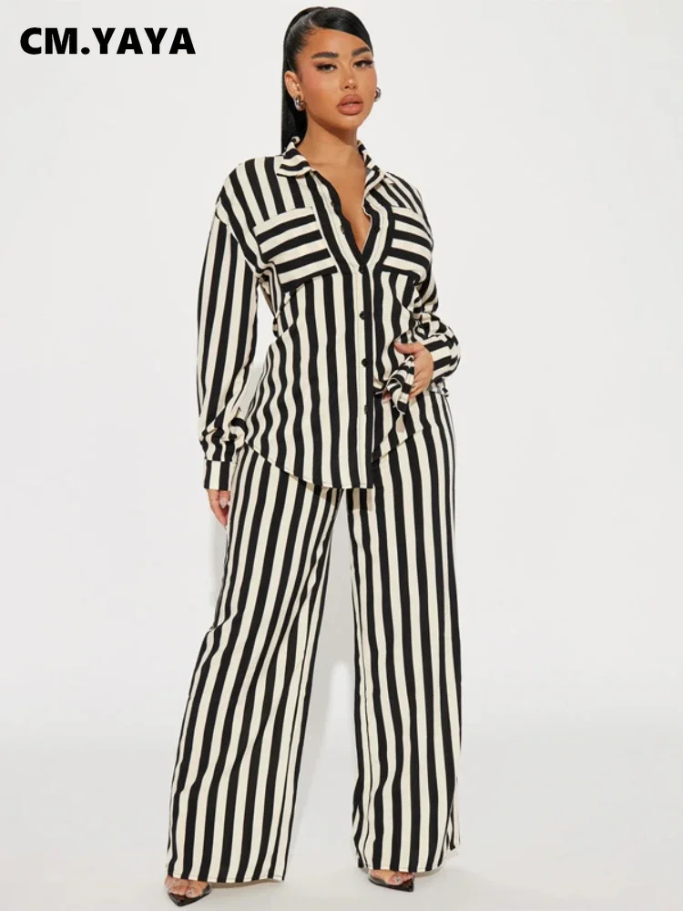 FANAN Striped Women\'s Set Long Sleeve Pocket Shirt and Straight Wide Leg Pants 2023 Fashion Two 2 Piece Sets Outfit Tracksuit