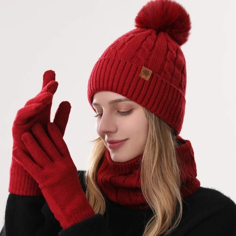 3Pcs/Set Warm Winter Hat Scarf Gloves Set Thicken Windproof Scarf Neck Warmer Suit Elastic Lining Knit Beanie Snood Set