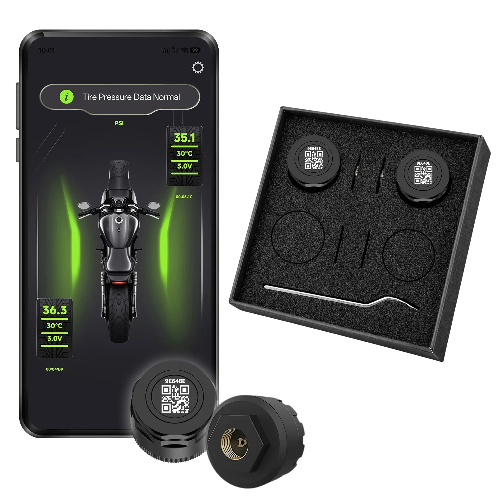 Motorcycle TPMS, Bluetooth 5.0 APP Real-Time Pressure & Temperature Alarm, IP67 Waterproof for Motorbike Scooter ATV