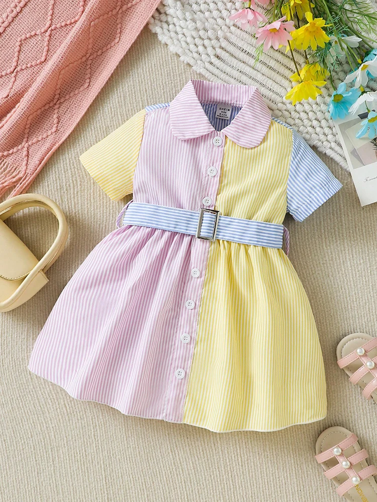 Summer Girls Dress Short Sleeved Multi Color White Striped Princess Dress 3-12M Kids Baby Infant Children Casual Clothing