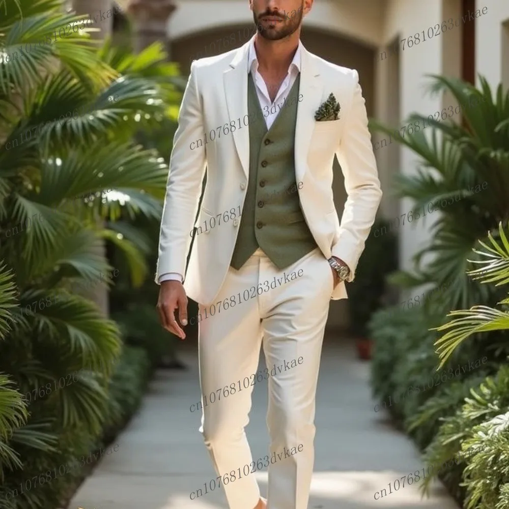 

Белый и армейский зеленый мужской костюм для свадебной вечеринки, формальный жених, жених, выпускного вечера, деловые мужские смокинги, комплект из 3 предметов, куртка, жилет, брюки