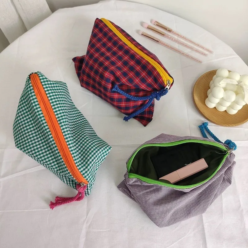 Women Girls Plaid Makeup Bag Cotton And Linen Cosmetic Bag With Zipper Pouch Simple Portable Large Capacity Storage Bag Fashion