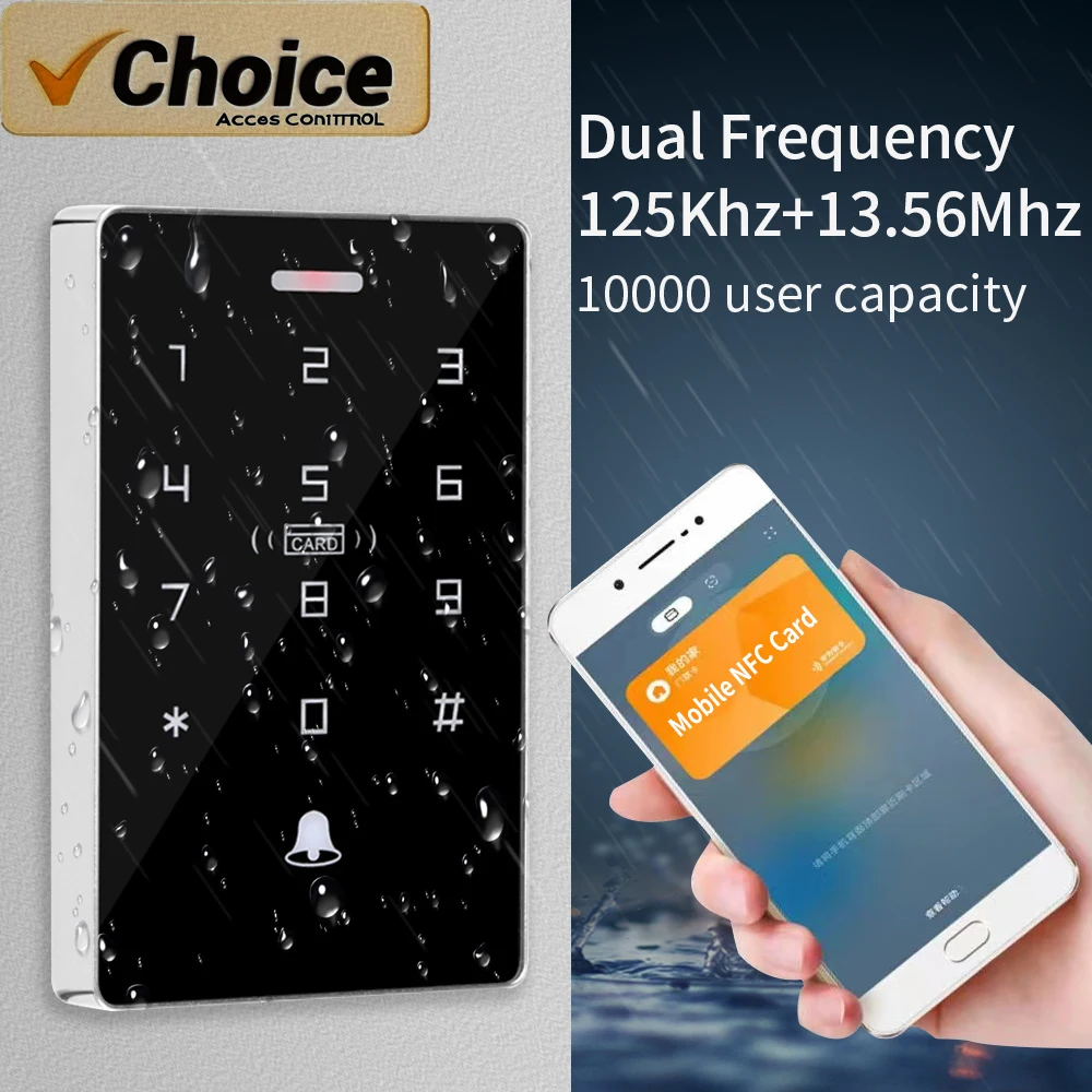 

Двухдиапазонная система контроля доступа NFC/RFID — водонепроницаемая клавиатура на 10000 пользователей с сенсорным экраном с подсветкой и считывателем бесконтактных карт