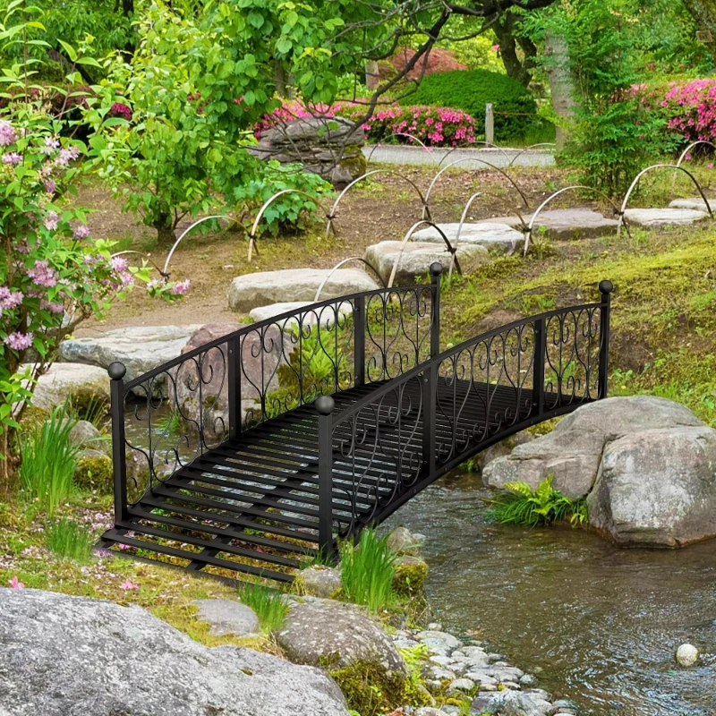 7-Piece black metal arched garden bridge pedestrian bridge with side rails and decorative florals