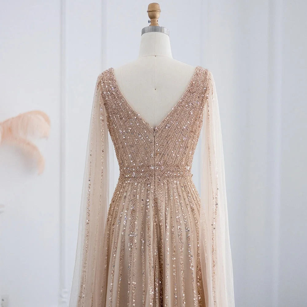 Abiti da sera glitter champagne Scollo a V Abito da cerimonia nuziale a trapezio Elegante scialle lungo fino al pavimento Abiti da festa personalizzati