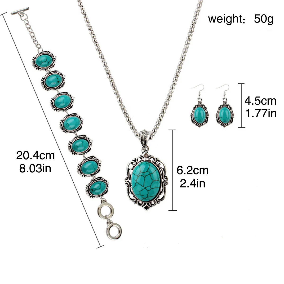 3pcs Women\'s Vintage Turquoise Bracelet Necklace Earrings Set, Healing Stone Decoration Gift(Without Box)