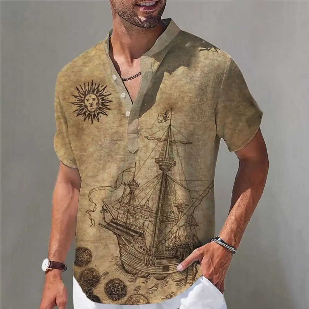 2023 Men Hawaiian Shirts Short Sleeve Tops 3d Compass Graphic Clothing Fashion Designer Apparel Streetwear  Henley Shirt Camisas