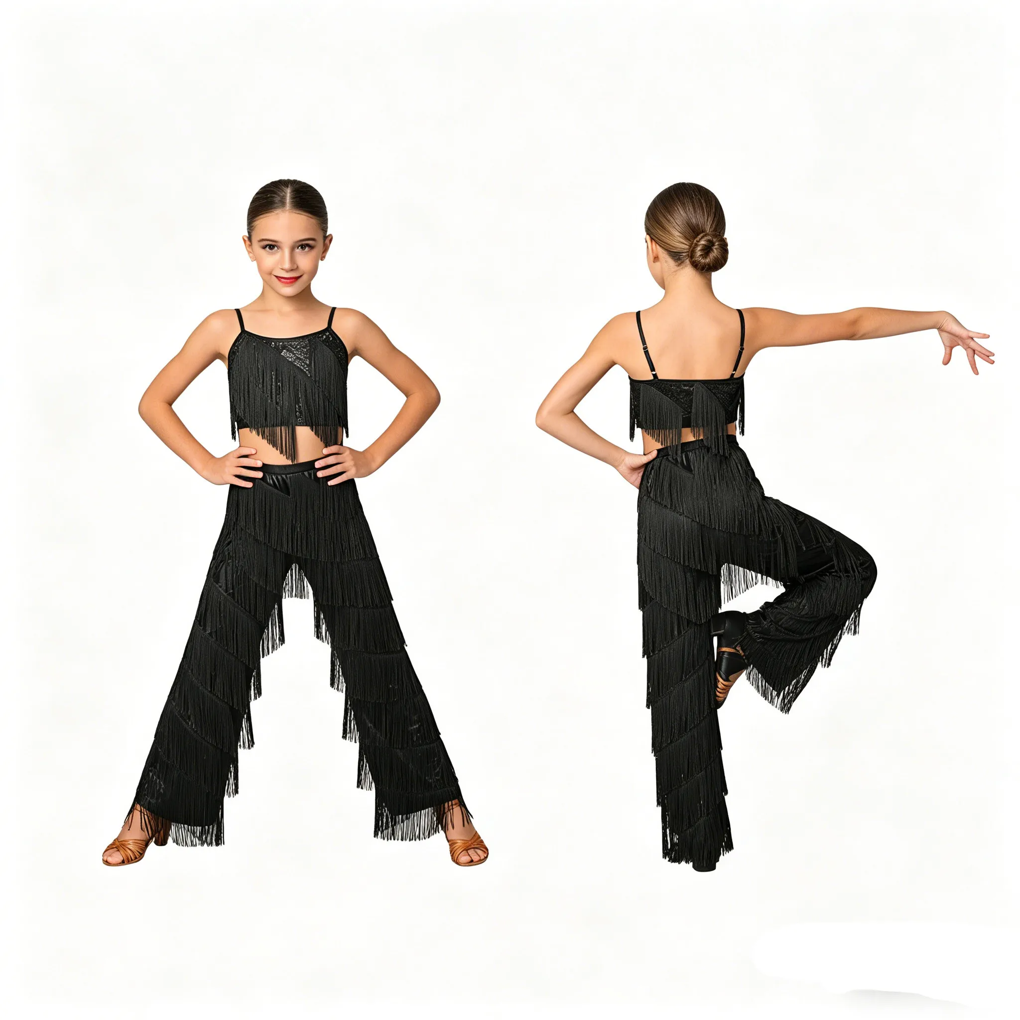 Girls Tassel Disco Latin Dance Outfit Crop Top with Pants Cha-cha Tango Samba Rumba Ballroom Salsa Dancewear for Halloween Party