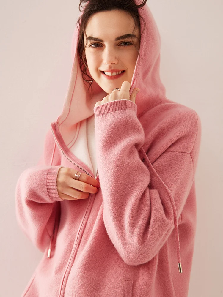 

Роскошный утолщенный кашемировый кардиган с воздушным слоем, женский свободный свитер с капюшоном, пальто на осень и зиму, вязание на молнии снаружи.