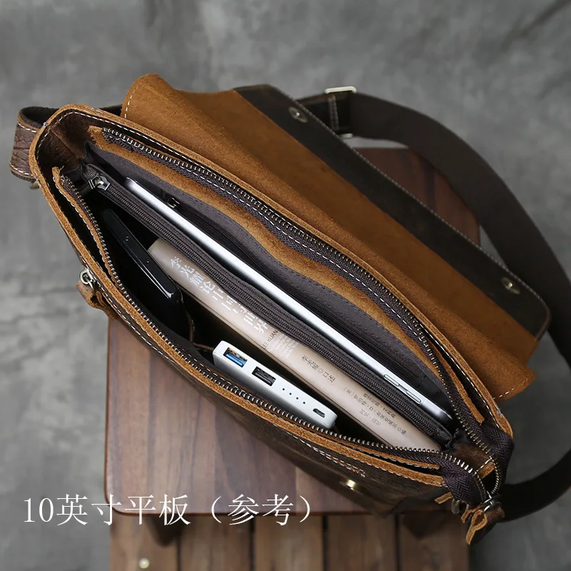 Vintage Full-Grain Crazy Horse Leather Crossbody Bag - Men's Retro Flap Shoulder Bag