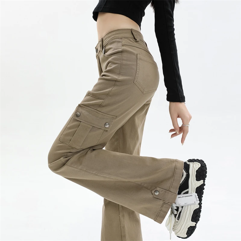 2024 Autumn Women's Slim Casual High Waist Elastic Flared Jeans Khaki Workwear Trousers