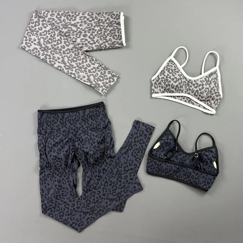 2 Piece Leopard Print Yoga Set Women Adjustable Strap Sports Bra Tummy Control Butt Lifting Leggings Seamless Gym Workout Suit