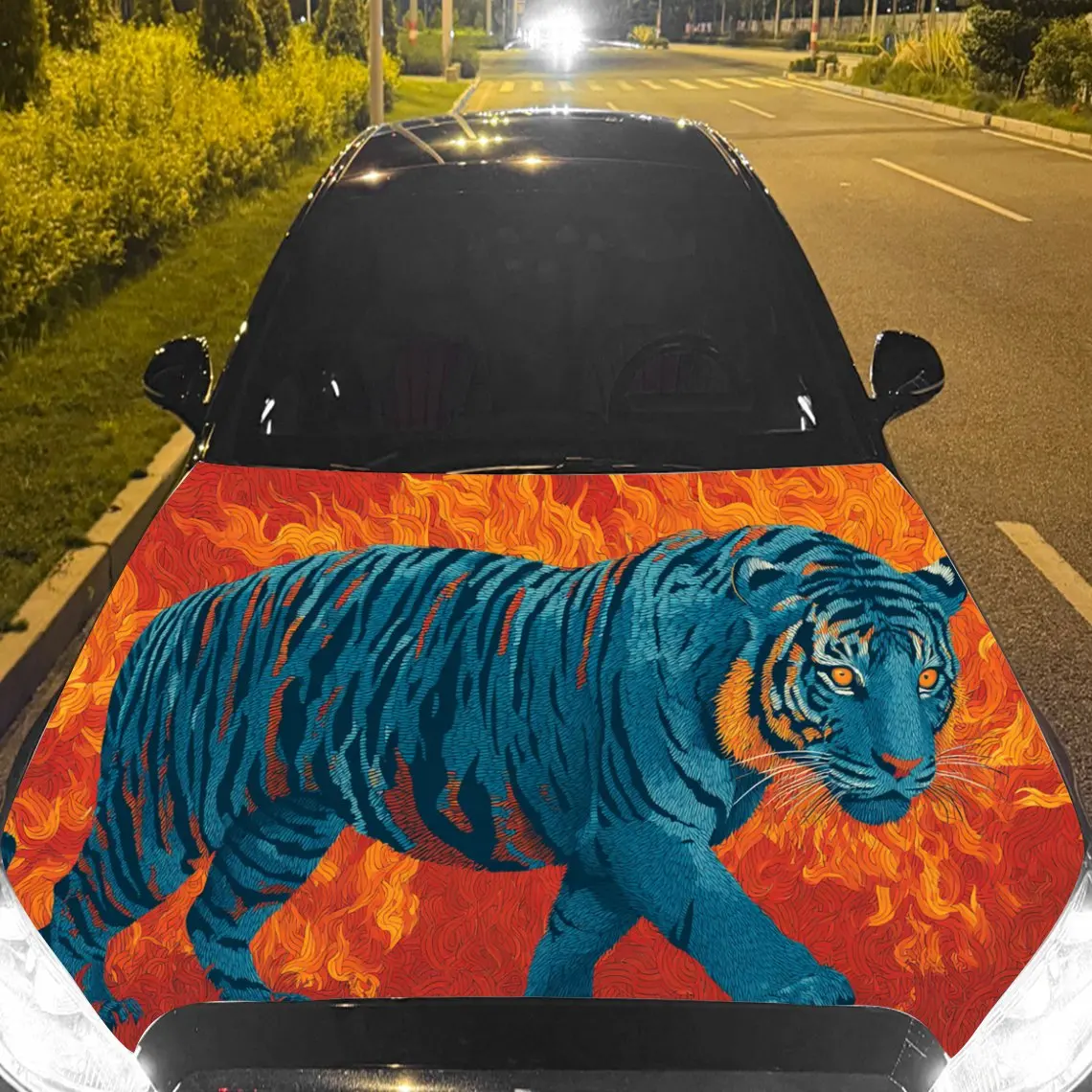 

Car Decal Tiger in Fiery Background & Artistic, Dynamic Visual Details Car Hood Sticker, Waterproof Self - Adhesive Vinyl Graphi
