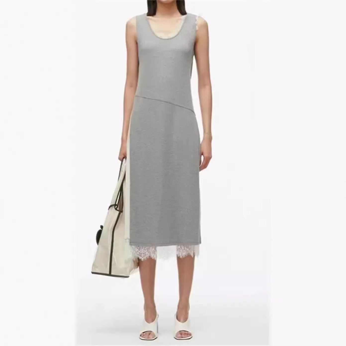 

2024 summer women's grey knitted dress round neck patchwork thread elastic slim fit holiday party robe