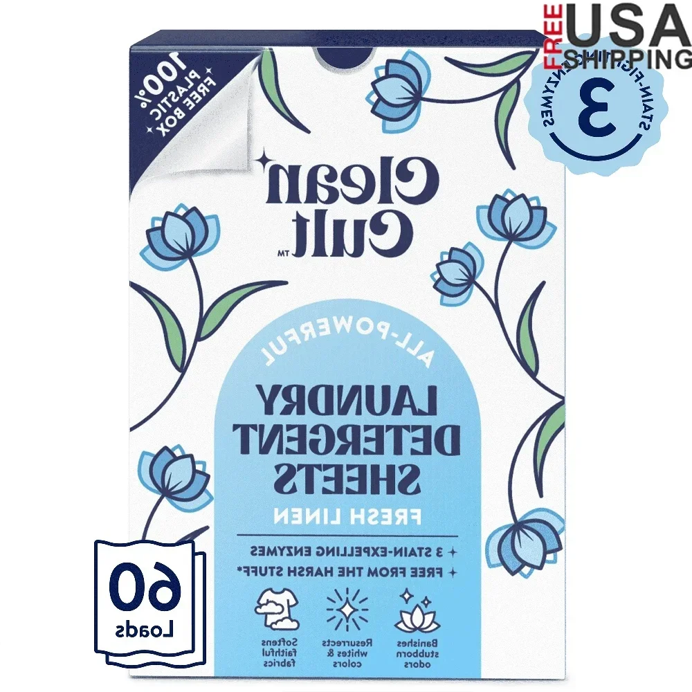 Hojas de detergente para ropa, aroma de lino fresco, 60 unidades, enzimas de lucha contra manchas, respetuosas con el medio ambiente, sin productos químicos duros, suavizante y limpio