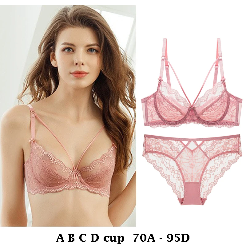 

high quality sexy women bras and brief set push up thin lace A B C D cup comfortable wire summer lingerie underwear black pink