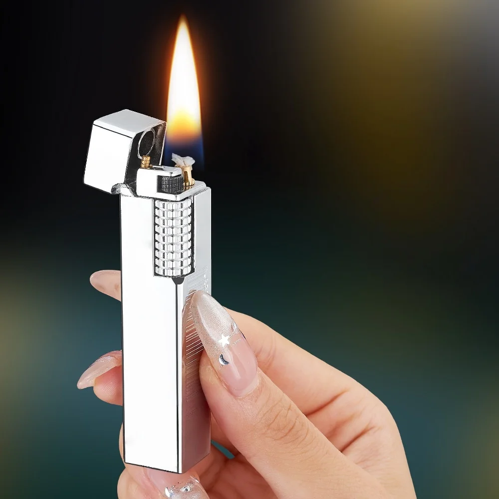 Polished Gold Slim Butane Lighter Side Flint Wheel Ignition Refillable Vintage Business Style Gift Sleek Golden Barrel Flint