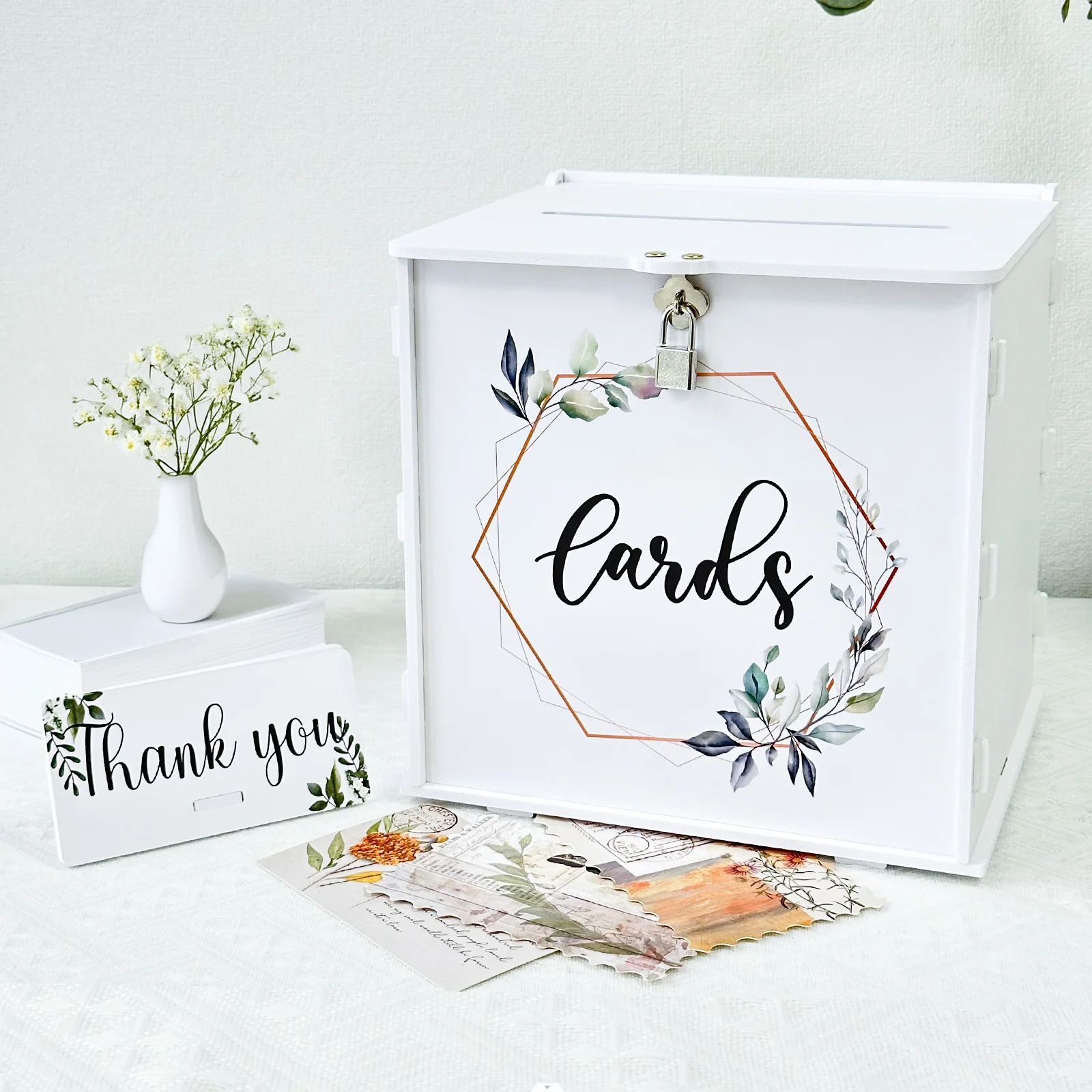 

White Wedding Card Box with Lock, PVC Gift Card Box for Wedding Reception, Eucalyptus DIY Wedding Envelope Money Card Box