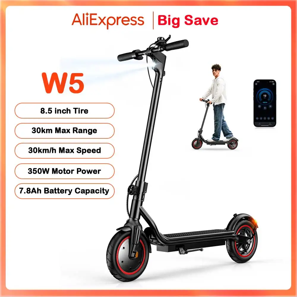 Patinete eléctrico W5, Motor de 8,5 pulgadas, 350W, batería de 36V7.8Ah, velocidad máxima de 30km, rango de 34km, neumáticos inflables de freno doble, conexión por aplicación