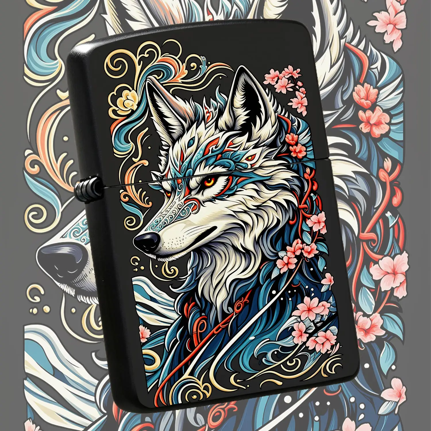 Stylish Ukiyo-E Wolf Pattern Portable Lighter, Exquisite Artistic Sakura Divine Wolf Decor, All-Scenario Usable Cute Daily Carry Accessory, Ideal Unique Creative Gift For Friends Family Art Lovers, Delicate Fashion Port A Humorou And Intere