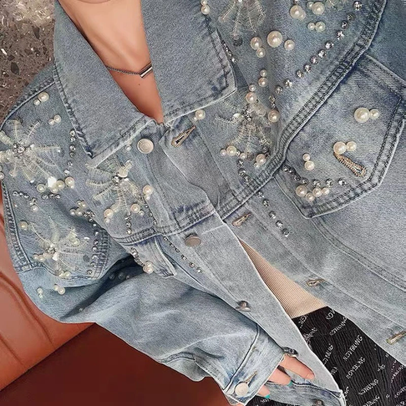 Luxury Women Pearls Beaded Denim Coat Diamond-studded Jeans Jacket Long-sleeved Casual Spring Cardigan Tops Streetwear chaqueta