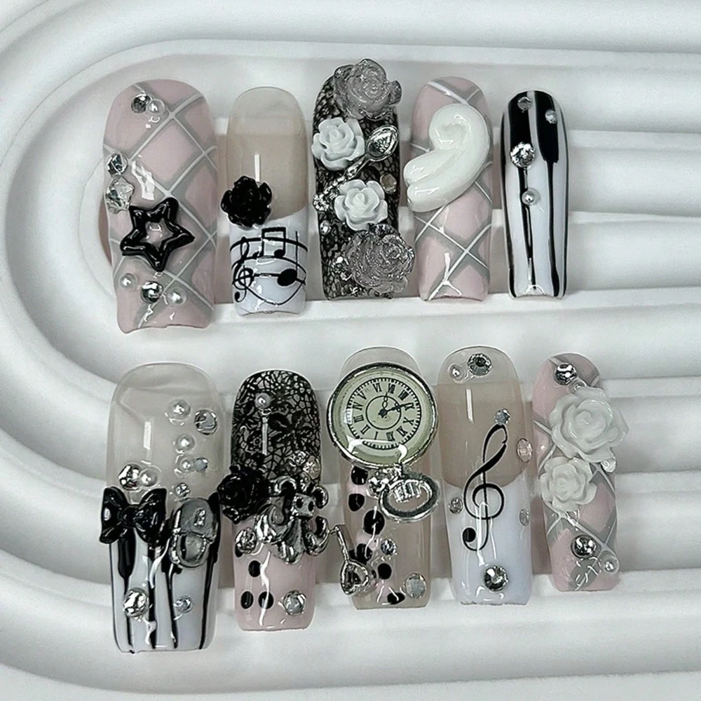 10 Pieces 3D Rose Bow Pearl Pink Handmade Press On Nails Vintage Y2K Piano Notes Cute Long Coffin Fake Nails