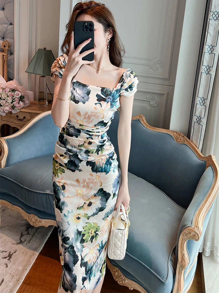 2023 French Sweet Romantic Dress Women's Sexy Print Flowers Bodycon Sleeveless Folds Wrap Hip Midi Robe Lady Party Prom Vestido