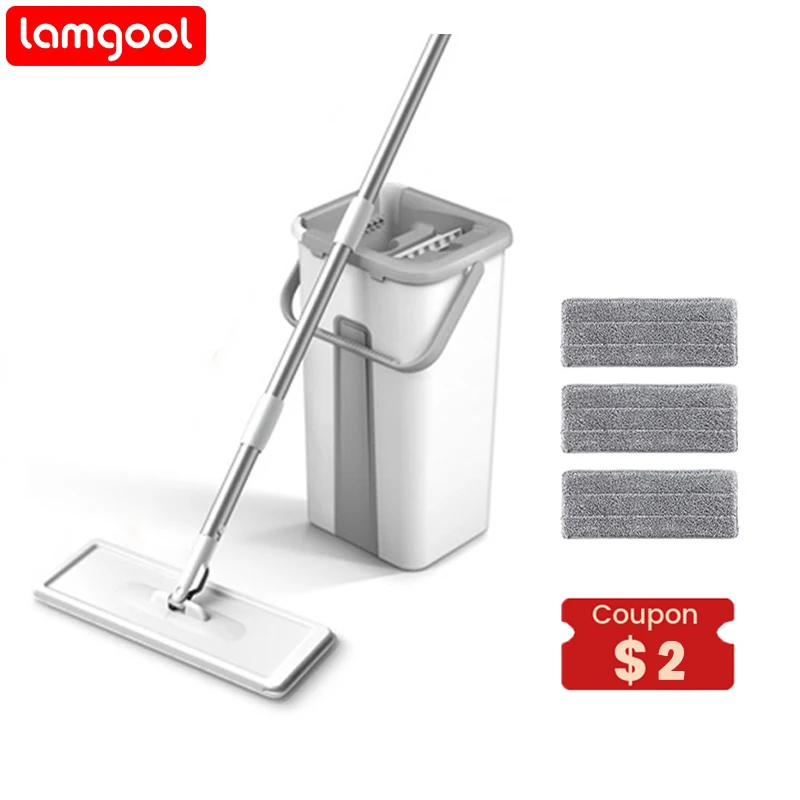 

Lamgool Flat Squeeze Mop with Bucket Hand Free Wringing Floor Cleaning Mop Microfiber Mop Pads Wet or Dry Usage Cleaning Tools