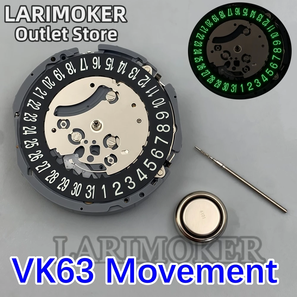 LARIMOKER Original VK63 Chronograph Quartz Movement 3 O'Clock Date Wheel Battery Watch Winding Stem Repair Replacement Parts