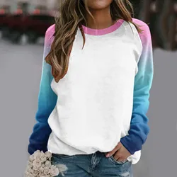 Suitable Tops For Women Raglan Crewneck Tops Gradient Solid Print Sweatshirts Top Long Sleeve Color Extra Long Sweatshirts Women