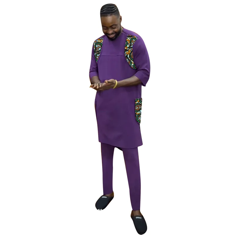 African Clothes Purple Men\'s Sets Patchwork Tops With Solid Color Pant Nigerian Fashion Male Tailor Made Wedding Garments