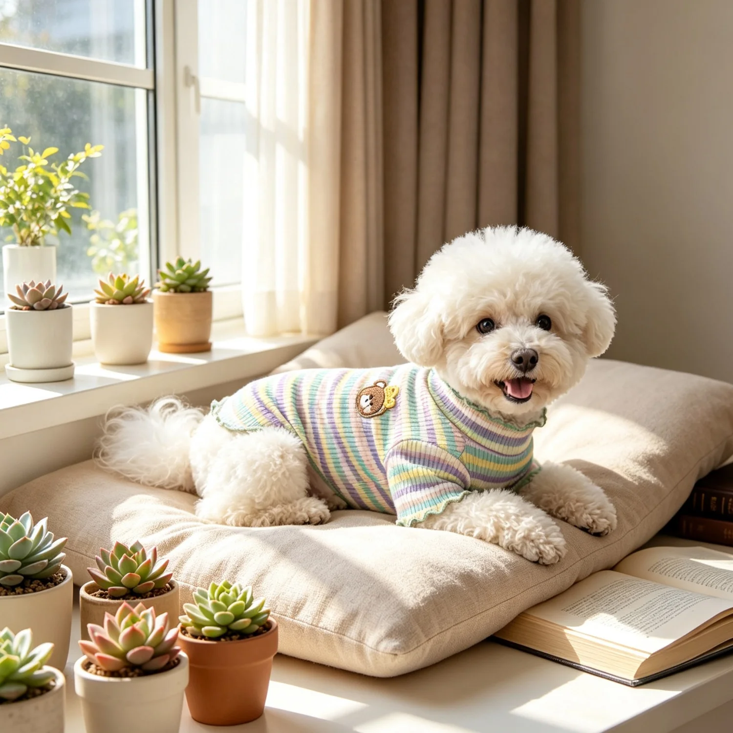 Gestreiftes Strick-Hundehemd mit niedlichem Bärenmotiv, Haustierkleidung, weiches geripptes Welpen-Outfit für Bichon Frise und Teddy. – Detail 16