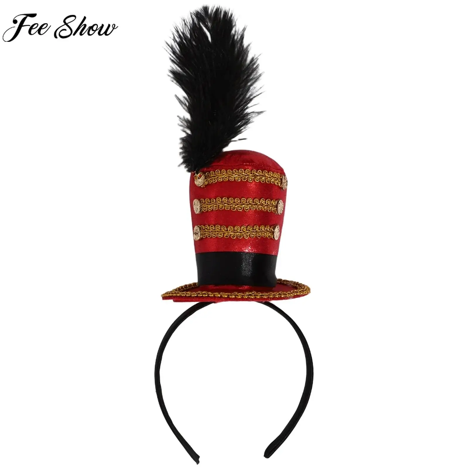 

Girls Women Circus Ringmaster Soldier Top Hat Headband with Golden Webbing Feather for Halloween Tea Party Christmas New Year