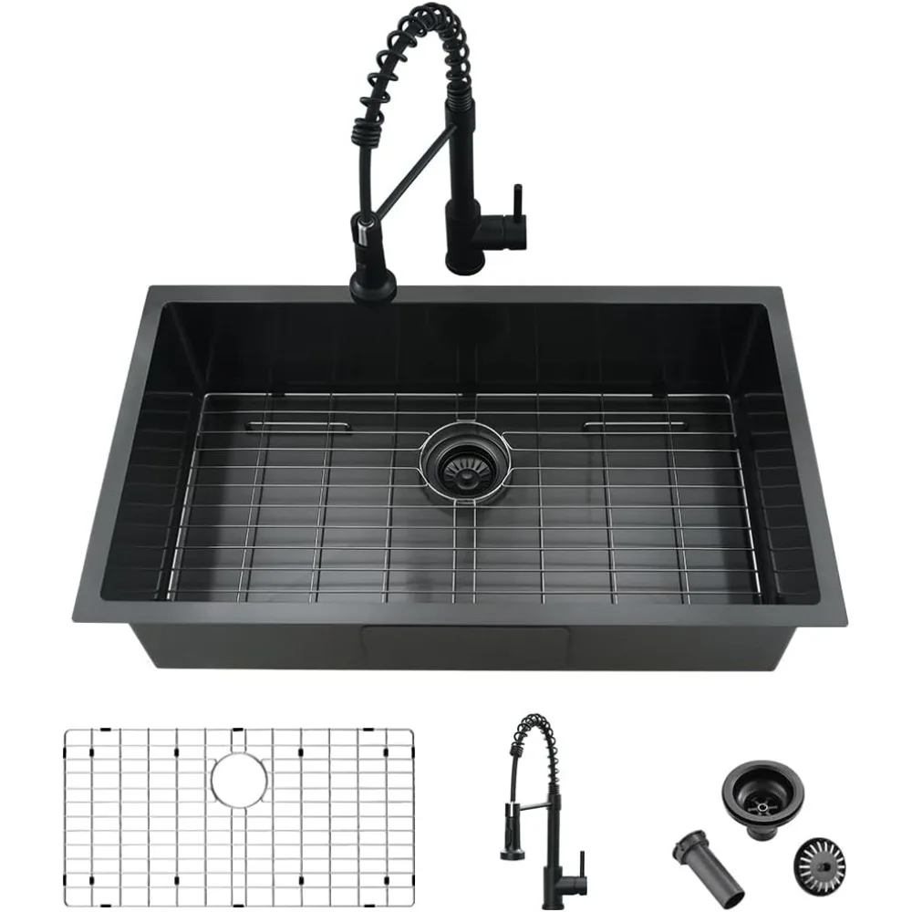 

33-дюймовый черный комбинированный набор кухонной мойки и смесителя Undermount с одной чашей из нержавеющей стали